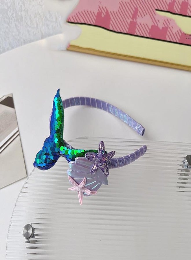 RFTWXHPN Little Mermaid Headband for Girls - Sequins Glitter Fish Tail Head Band With Green Starfish - Hair Accessories for Women - Fishtail Crown - Image 2
